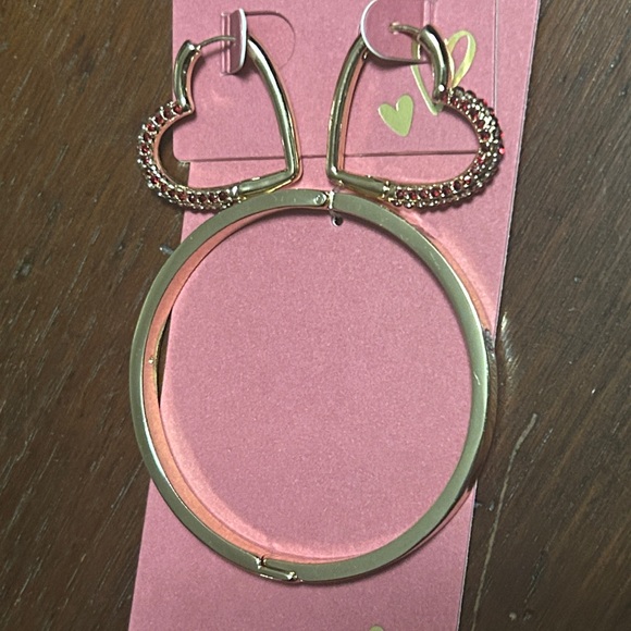 Gold Heart Hoop Rhinestone Earrings and Heart Stamp Bracelet Gold Tone NEW - Picture 10 of 12